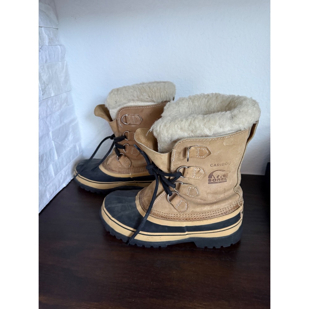 Sorel Caribou Women's 8 Tan Waterproof Winter Snow Boots Leather Sherpa Liner